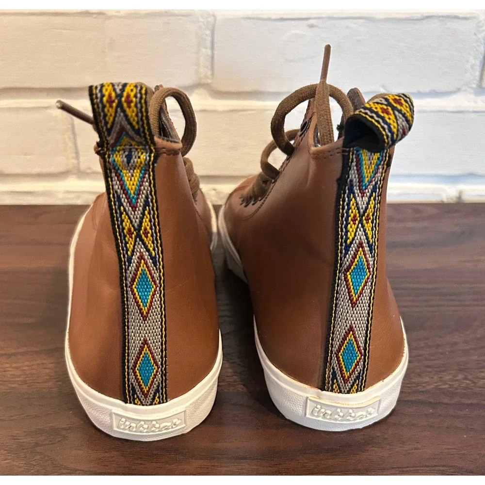 NWT Inkkas‎ Brown Leather High Top Sneakers Mens 7 Womens 9 Handmade Woven Heel